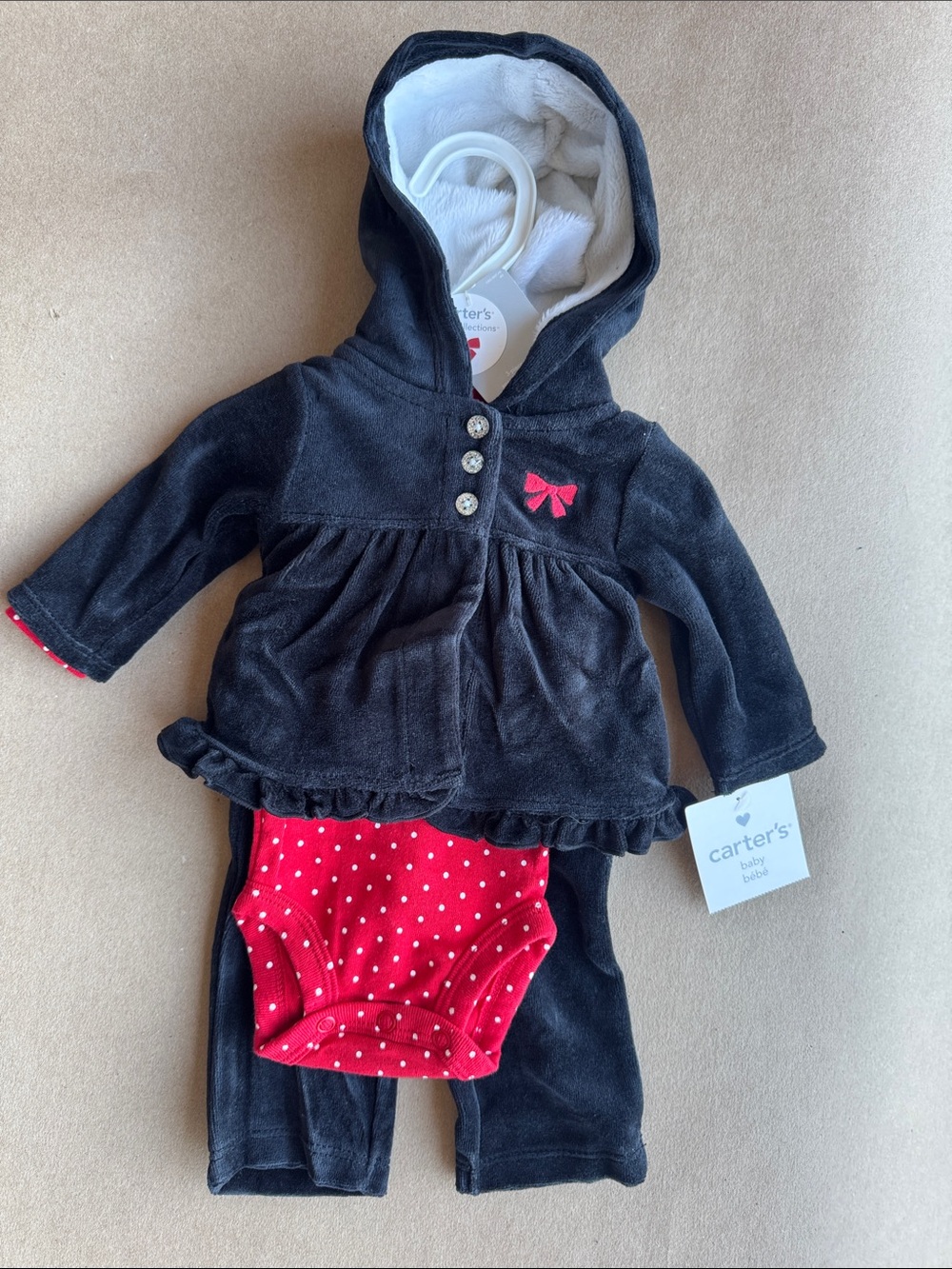 3pcs Set Carter's Black Hooded Jacket with Red Polka Dot Bodysuit and Pants Set